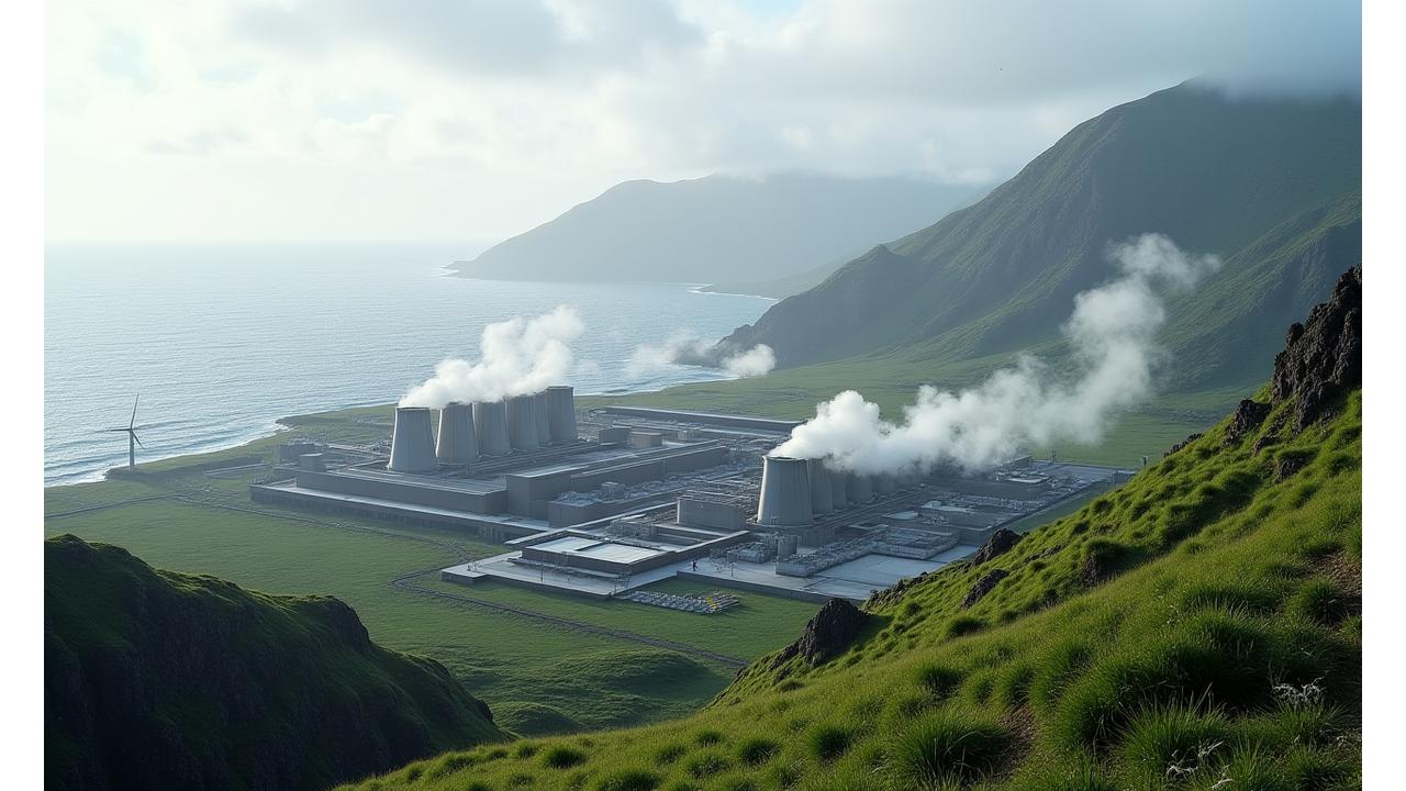 Usinas de energia geotérmica da Açoriana Quente em operação nos Açores, com vapor ascendente e paisagem vulcânica ao fundo